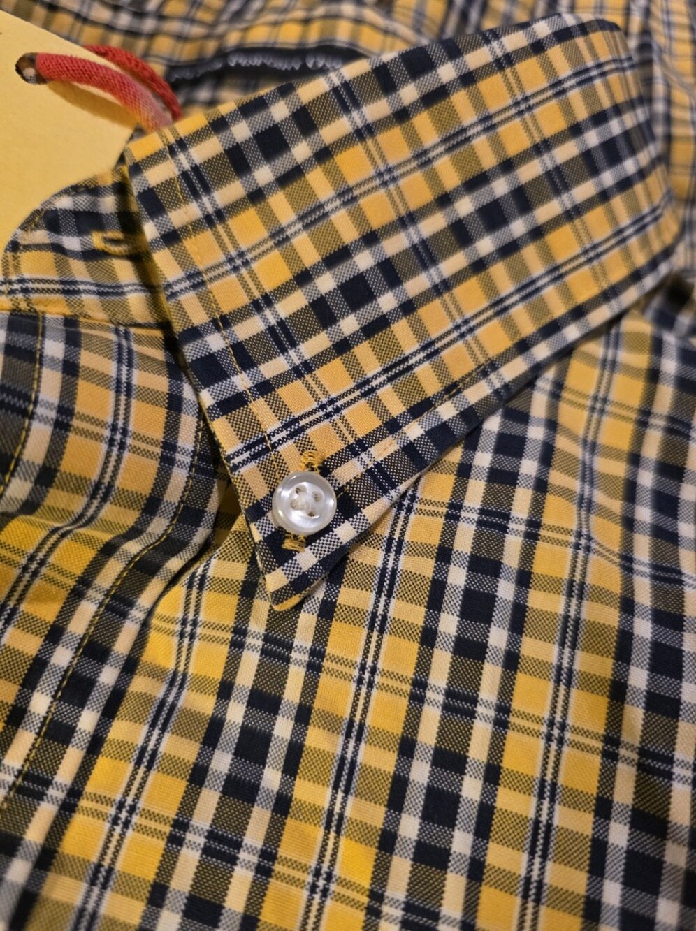 Lands' End Yellow and Navy Plaid Button-Down Shirt Long Sleeve 16.5" Neck - Picture 5 of 5
